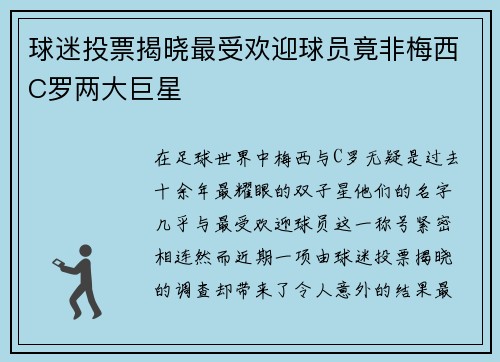 球迷投票揭晓最受欢迎球员竟非梅西C罗两大巨星 球迷投票揭晓最受欢迎球员竟非梅西C罗两大巨星